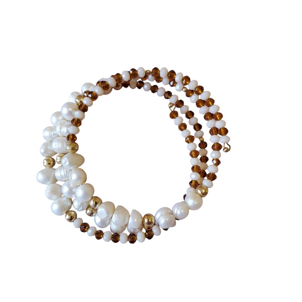 Beaded Pearl Gold Tone Amber Beads Wrap Band Bracelet Boho Resort Wear